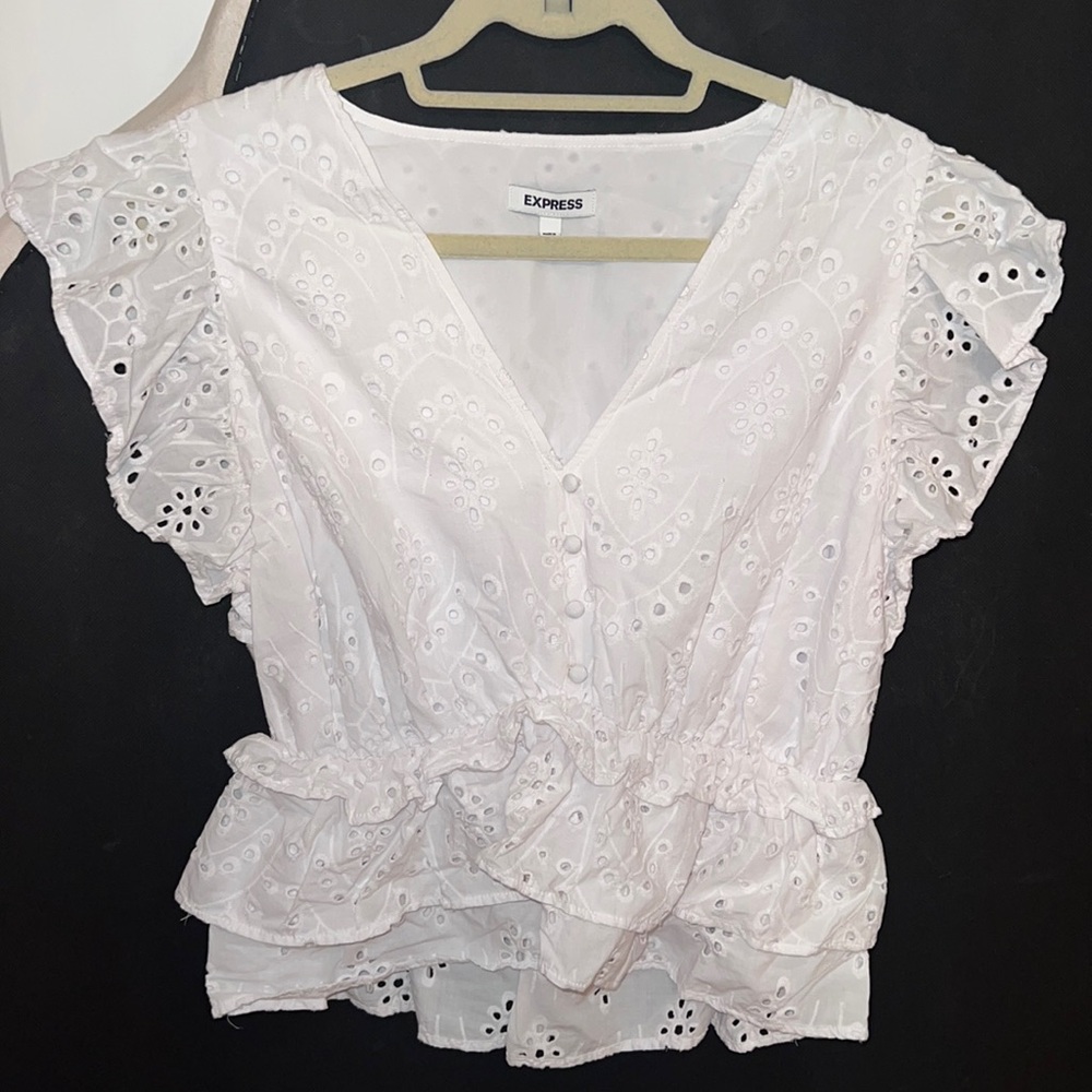 Express white pattern ruffle peplum blouse